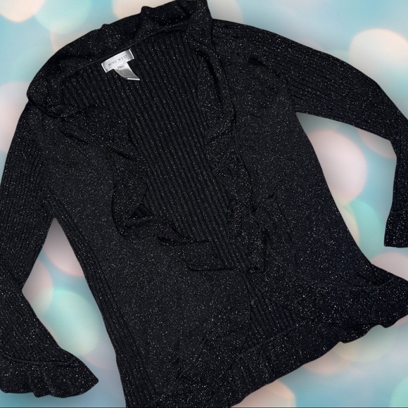 Nine West Women’s Black Glitter Open Front Ribbed 3/4 Sleeve Cardigan Sweater L - Picture 4 of 6